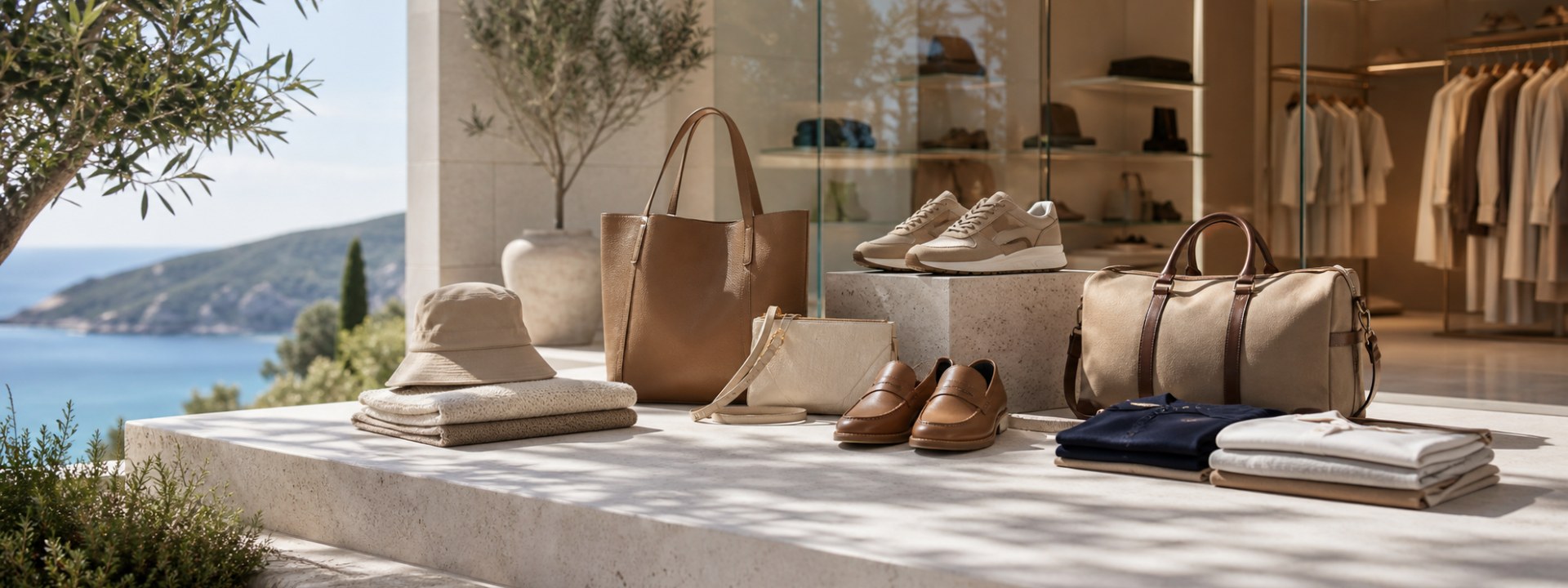 Accessori moda e prodotti lifestyle su terrazza luminosa mediterranea